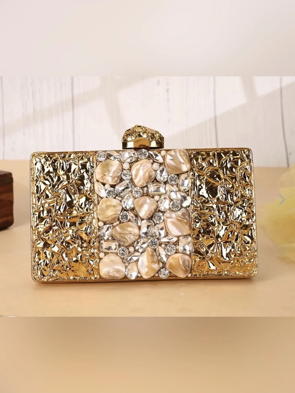 Ramla Ayra Gold Jeweled Evening Clutch - Elegant Crystal & Pearl Detail